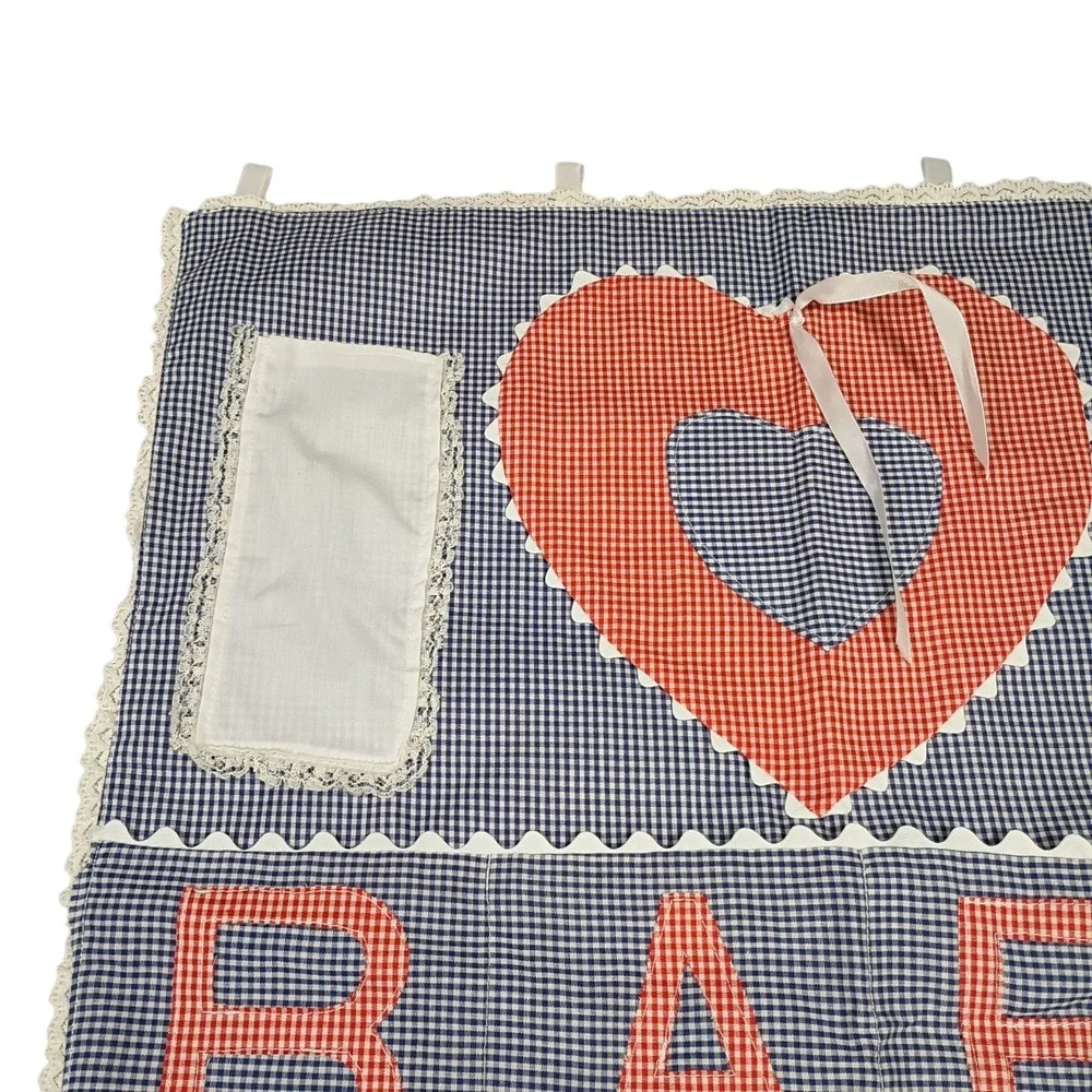 Vintage Handmade Blue & Red Gingham‎ Baby 8 Pocket Wall Organizer Heart 80s